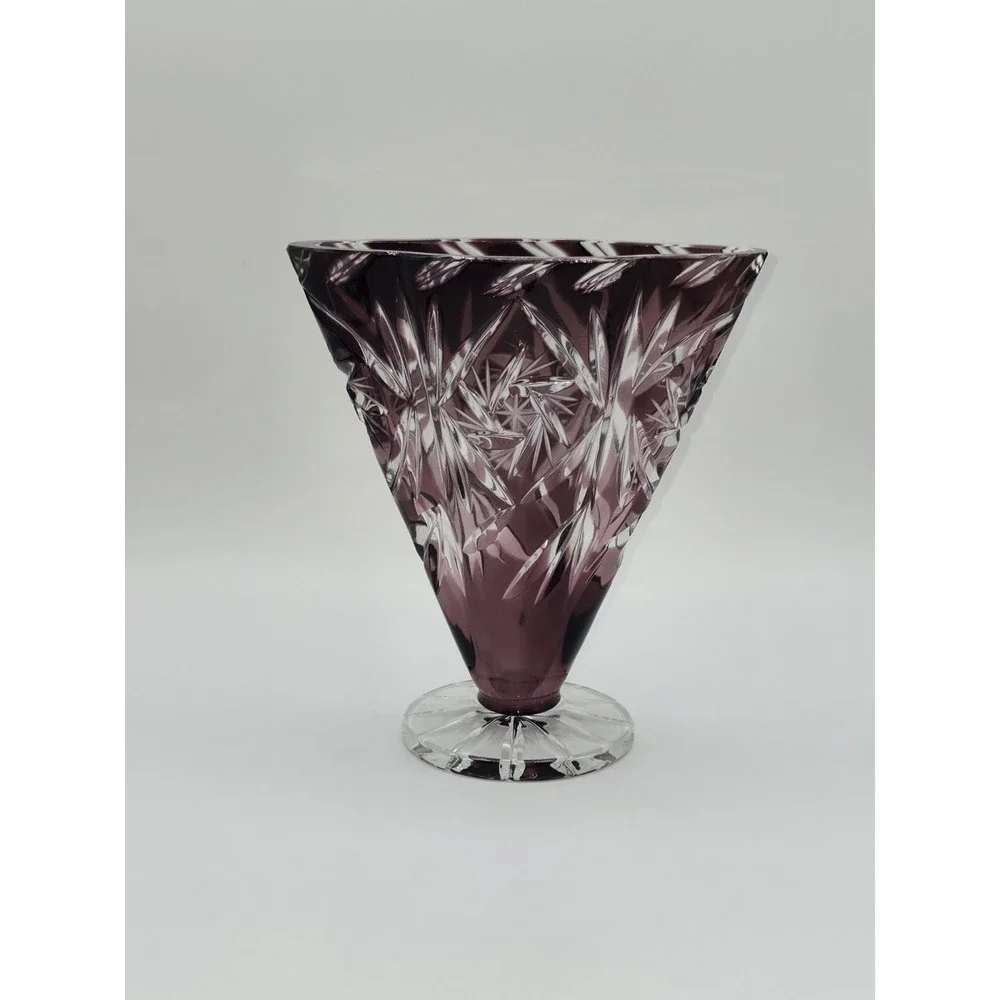 Amethyst Cut‎ to Clear Crystal Bohemian Czech Starburst Cut Footed Vase
